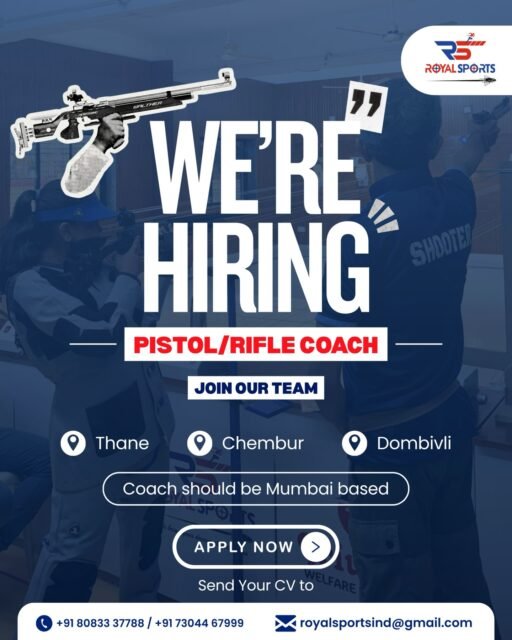 We’re hiring a Pistol/Rifle Coach.

Join a setup where training is structured, athletes are focused, and performance matters.
If you have the right experience and the ability to build discipline, technique,and confidence in shooters, this is your opportunity.

Work with dedicated athletes, follow professional training systems & be part of a serious and performance-driven environment.

Location: Thane | Chembur | Dombivli
Mumbai-based coaches only

Apply now
+91 80833 37788
+91 73044 67999
royalsportsind@gmail.com
.
.
.
[Hiring, We are hiring, Jobs, Coach, Shooting Coach Hiring, Rifle Coach India, Pistol Coach Jobs, Sports Coaching Jobs, Shooting Academy India, Athlete Training, Sports Career Opportunity, Mumbai Jobs, ISSF Coaching, NRAI Coaching, Precision Training, Sports Instructor]

#royalsportsind #shootingcoach #sportsjobsindia #coachhiring #hiring