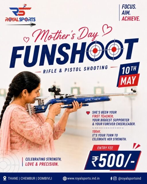 This Mother’s Day, celebrate the strength, focus & spirit of every supermom 💖🎯

Join us for the Mother’s Day Funshoot at Royal Sports and experience the thrill of Rifle & Pistol Shooting 🔫✨

Because she’s always been your first teacher, biggest supporter & forever cheerleader ❤️

📅 10th May
💰 Entry Fee: ₹500/-
📍 Thane | Chembur | Dombivli

Let’s make this Mother’s Day unforgettable 💫

#MothersDay #MothersDaySpecial #FunShoot #RoyalSports #ShootingRange 

Mother’s Day event, Mother’s Day activities, funshoot event, rifle shooting, pistol shooting, shooting range Mumbai, shooting academy, women shooting event, Mother’s Day special event, sports event Mumbai, target shooting, indoor shooting range, shooting experience, women empowerment sports, family activity Mumbai, Thane events, Chembur events, Dombivli events, adventure activities Mumbai